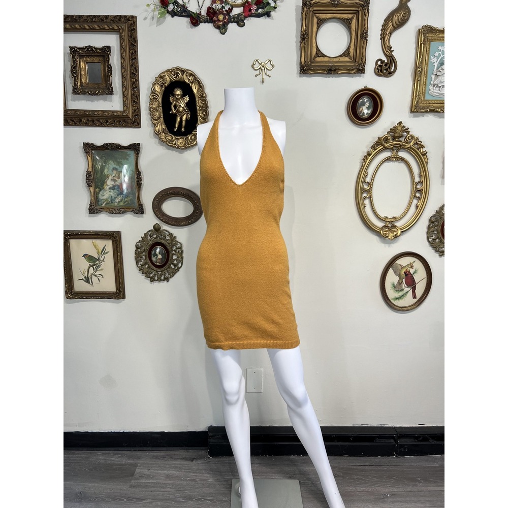 Ruve Mustard Yellow Knit Halter Backless Mini Dress S NWT